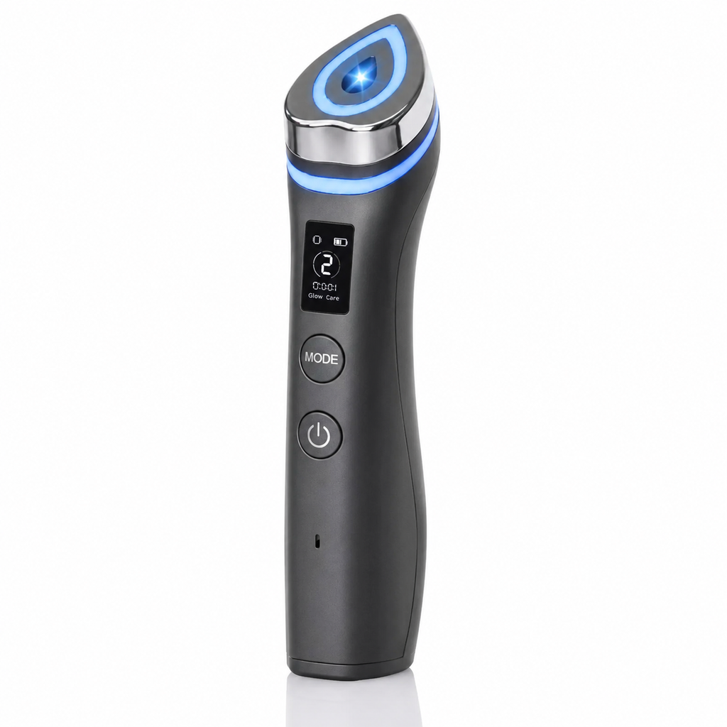 Velloura GlowBooster device, charcoal-gray body with chrome teardrop head and blue LED ring