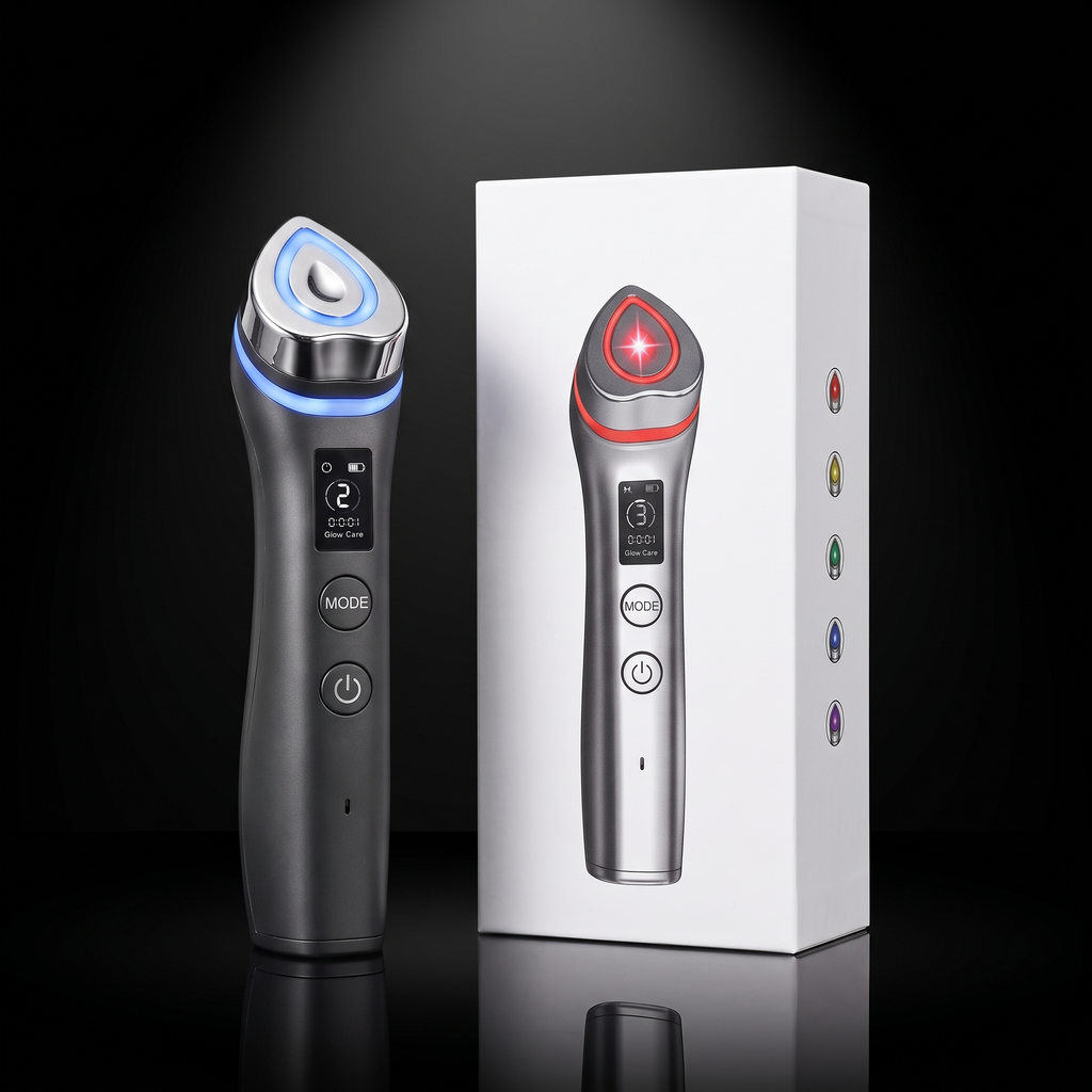 Velloura GlowBooster device beside its packaging box showing the five care mode icons