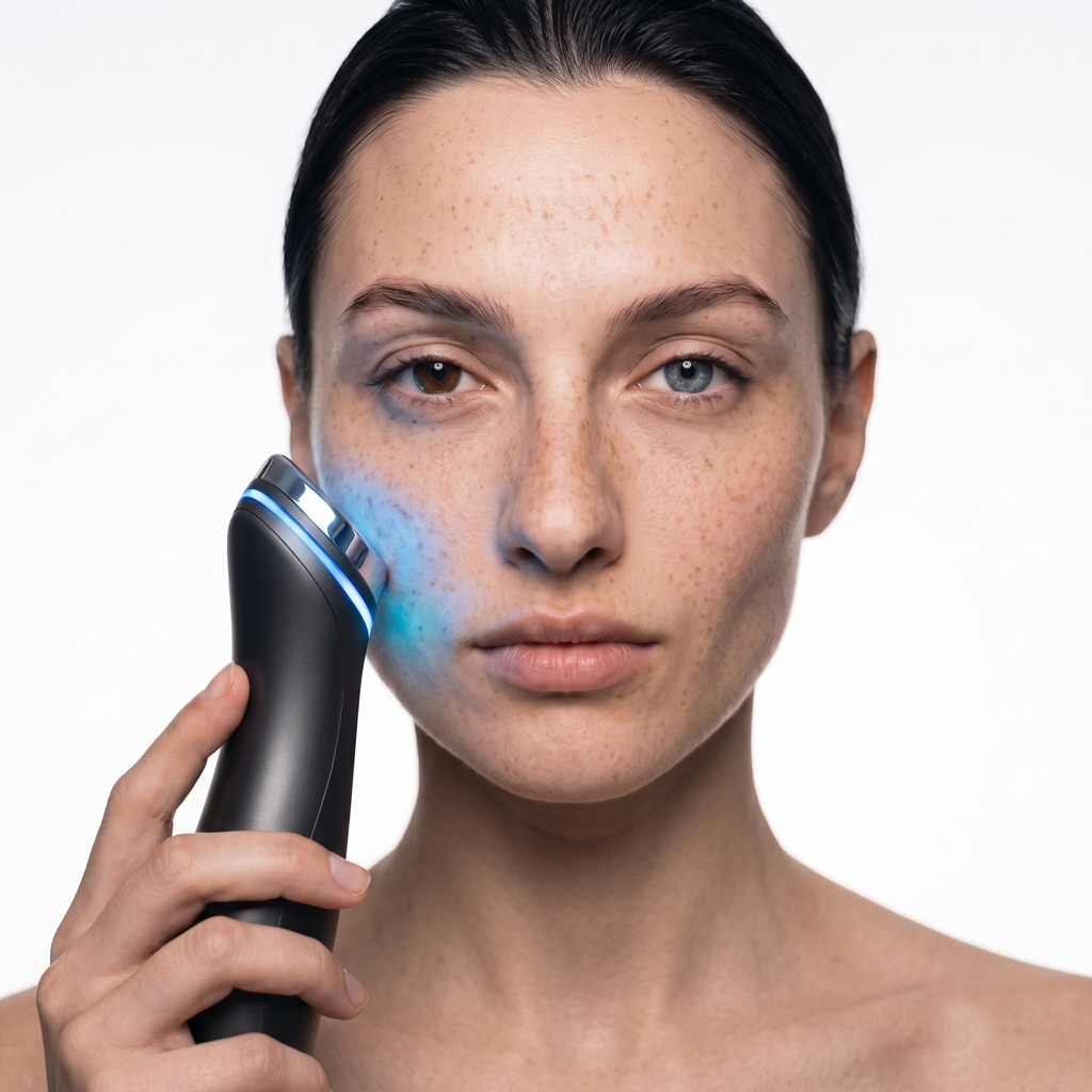 Frontal portrait of a woman using the Velloura GlowBooster device