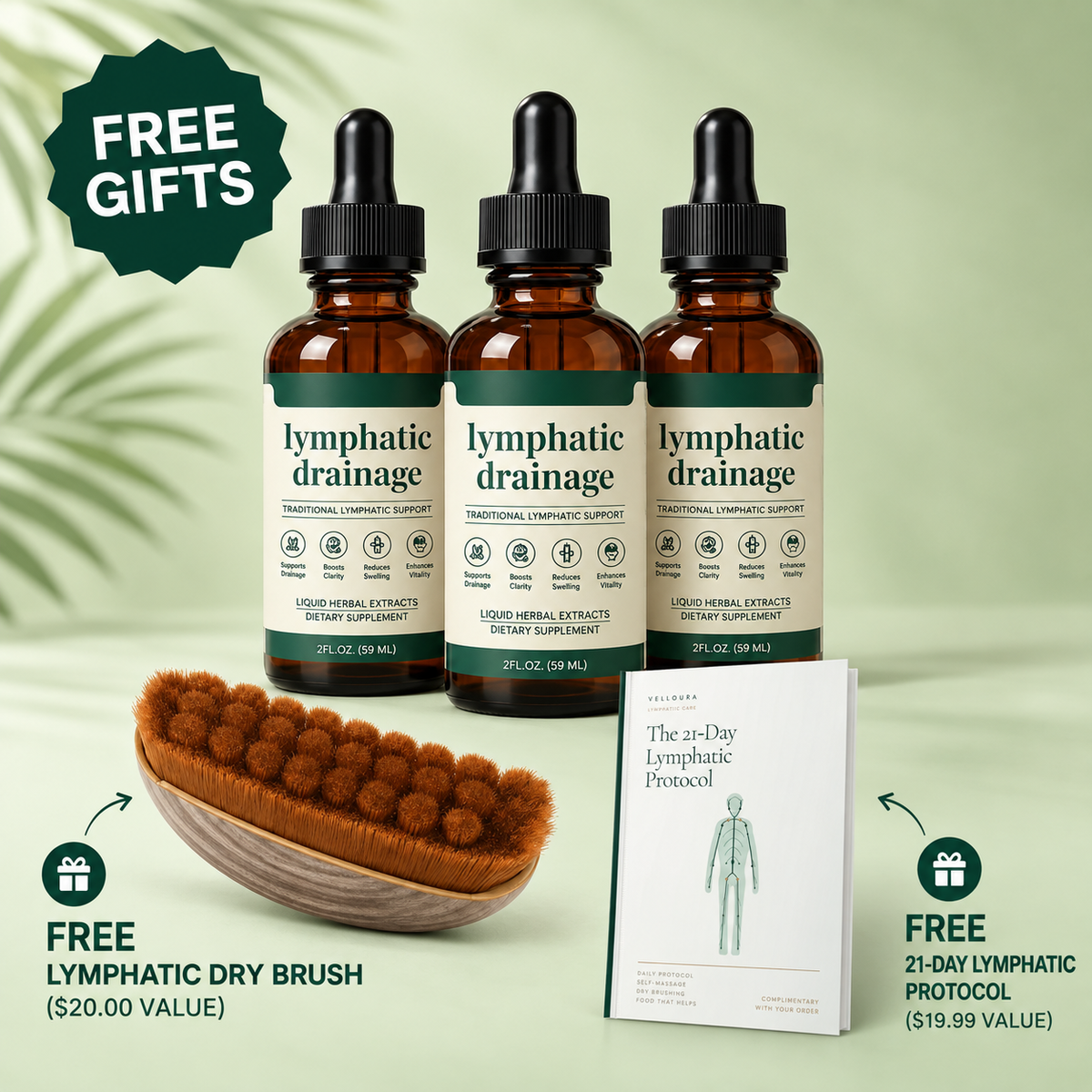 Free gifts with your order: lymphatic dry brush and the 21-Day Lymphatic Protocol guide